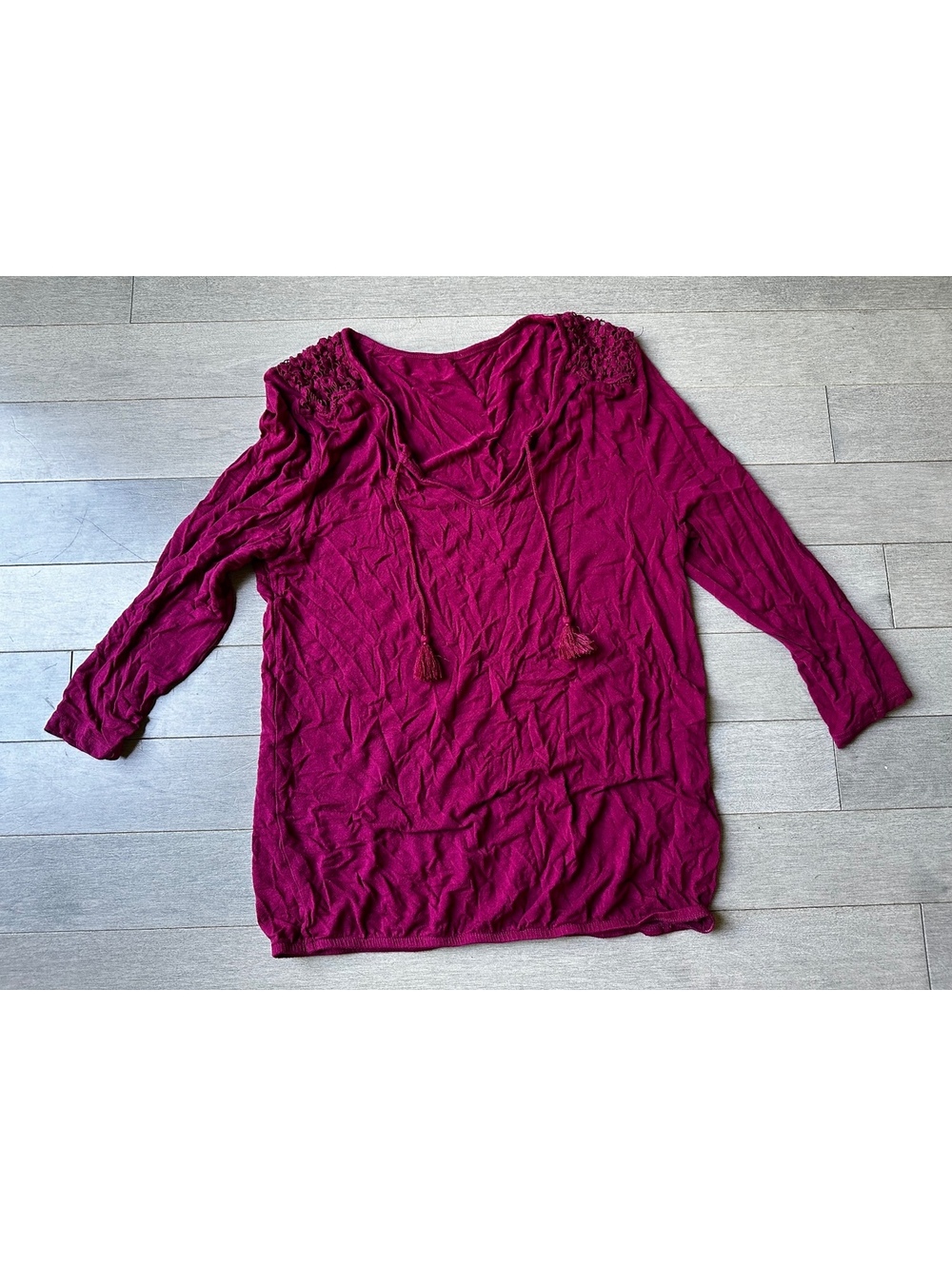Lascana Women's Burgundy Long Sleeve Blouse with Crochet Detail Size 4/6
